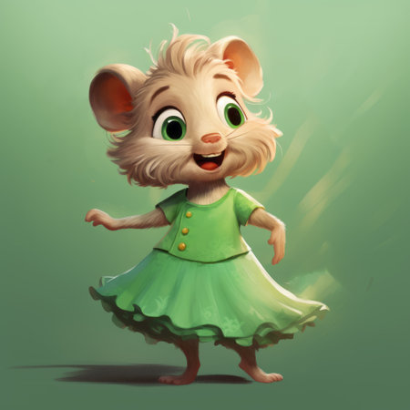 a fluffy cute vole, styled as a 10-year-old girl, is depicted in this illustration for a children's book. with a bright green dress and shoes from the 1920s, she laughs happily, waving her arms. her brilliant green eyes add to her adorable appearance. the white background and cinematic 4k resolution enhance the pixar-style artwork, which features no outlines. ai generatedの素材
