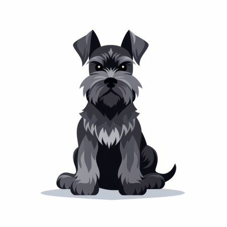 a grey schnauzer dog sits on a white background, resembling iconic pop culture caricatures. the image features dark black and black tones, with twisted characters and strong color contrasts. it draws inspiration from persian miniatures, showcasing emotive use of light and shadow. ai generatedの素材