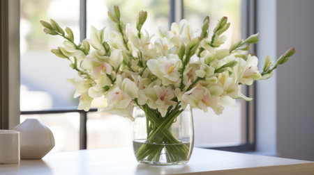 an elegant sweet pea arrangement with blooming lilies, radiating purity and serenity, fills the room with their fragrance and brings a touch of simplicity to your living space. ai generatedの素材