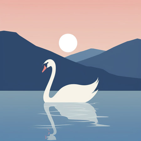 a white swan gracefully glides through the calm waters of a picturesque lake during a breathtaking sunset. this flat illustration captures the essence of norwegian nature with its simple yet colorful style. the scene evokes the beauty of british topographical art, showcasing bold chromaticity and a touch of romantic dramatic landscapes. the image also hints at religious iconography, adding a touch of mystique to theの素材