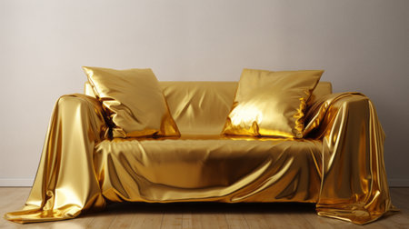 a gold couch, adorned with a golden leaf cloth, showcases its stunning design. rendered in cinema4d, this shiny and glossy masterpiece exudes an artistic touch. with solarization effects, this contest-winning creation by chen zhen embodies minimalist spare simplicity. this photo is available under the creative commons attribution license. ai generatedの素材