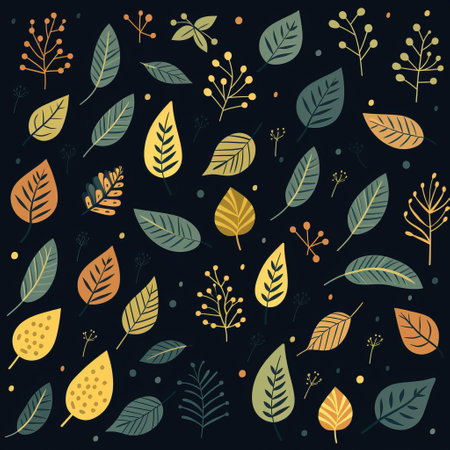 autumn leaves border abstract pattern on a black background, featuring playful and whimsical illustrations. the design showcases light green and dark gold, as well as light brown and navy colors. the simple yet colorful illustrations depict delicate flora and whimsical shapes, reminiscent of mid-century illustrations. ai generatedの素材