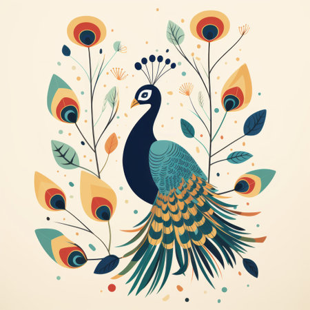 a peacock perches gracefully on a beige background in this imaginative illustration. the joyful celebration of nature is depicted through dark navy and amber hues, bright colors, and bold shapes. the design features flower and nature motifs, playful character design, and charming depictions of animals. ai generatedの素材