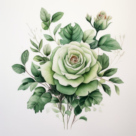 a watercolor rose plant is depicted in this artwork, showcasing intricate details and a realistic portrayal. the painting is done in the style of light green and green hues, with hand-painted details and high-contrast shading. the composition features a white lace background, adding a touch of elegance to the colorful arrangement. ai generatedの素材