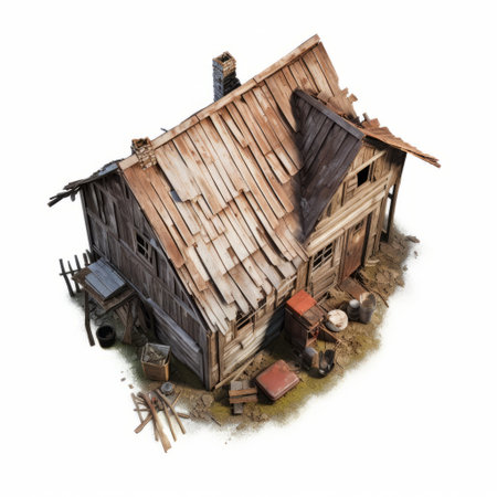 ancient barn building model featuring highly detailed illustrations in the style of post-apocalyptic worlds. inspired by the works of albert edelfelt, this model showcases isolated landscapes with a high-angle perspective. the loose paint application adds a unique touch to the overall design. created by the talented artist kerem beyit. ai generatedの素材