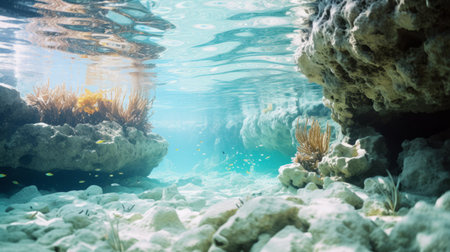 underwater photo featuring a naturalistic landscape background with sand, rocks, and sea urchins. the dreamy composition captures the beauty of tropical landscapes with its light-filled and high detailed turquoise and white elements. the image showcases an artificial environment that immerses viewers in the mesmerizing underwater world. ai generatedの素材