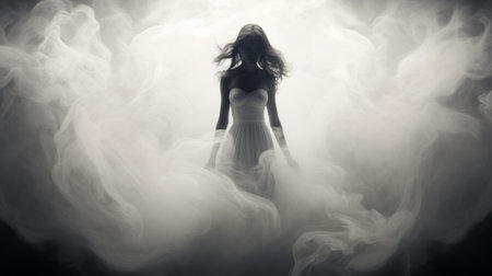 a girl in white attire stands amidst a dark smoke, creating an ethereal abstract composition. the flowing silhouettes and fairytale-inspired atmosphere give this national geographic photo a polished metamorphosis. the sombre ambiance is enhanced by the black-and-white photography technique. ai generatedの素材