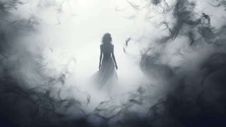 a girl stands in an old black fog, holding a sword. this ethereal abstract photo captures the contrast between light white and dark navy tones. the image depicts trapped emotions with swirling vortexes and flowing silhouettes. the soft, dreamy scenes and dreamlike installations add to the overall ambiance. ai generatedの素材