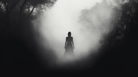 scary forest background black and white photo featuring silhouette figures, mist, and a feminine surrealist touch. the uncanny valley realism adds to the mysterious jungle atmosphere, creating an epic fantasy scene. this captivating image showcases the beauty of nature in a hauntingly beautiful way. ai generatedの素材