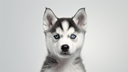 a dog with striking blue eyes stands out against a gray background in this captivating photograph. the image showcases the colorized, 8k resolution, layered portrait style, reminiscent of national geographic photography. the use of ambient occlusion adds depth to the minimalist monochromes, creating a stark black and white composition. ai generatedの素材