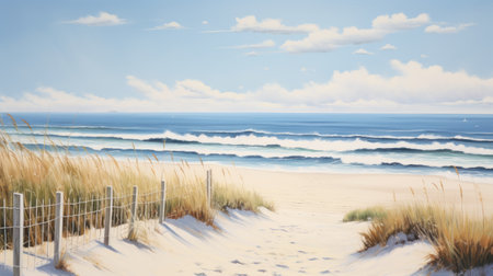 a serene beach painting of the south of france featuring a wooden fence, reed grass, and gentle waves. the idyllic scene captures the beauty of a sunny day with a few clouds in the sky, creating a peaceful ambiance. ai generatedの素材
