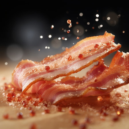 bacon dribbles and sprays of salt create a visually captivating scene on a wooden table. the glimmering light effects and grand manner style add an artistic touch to the image. with a tilt-shift perspective, the raw and unpolished appearance is enhanced, complemented by a smokey background. this composition is reminiscent of the works of patrick brown and the les nabis movement. ai generatedの素材