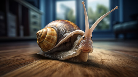 a snail gracefully moves across the smooth and shiny floor of an indoor room. this realistic and detailed rendering captures the intricate beauty of the snail's movements. the photograph, taken in the style of tabletop photography, showcases the talent of the photographer, kombuchapunk. this image, found on flickr, is a perfect example of transportcore's realistic portrayal of nature. ai generatedの素材