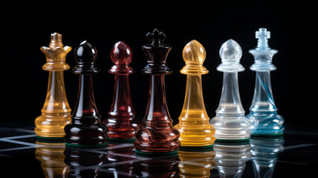 colored chess pieces arranged on a black background showcase clear edge definition, polished craftsmanship, and bold contrast. the rich hues and translucent colors enhance the foreshortening techniques used, while the glossy finish adds a touch of neoclassical clarity to the overall composition. ai generatedの素材