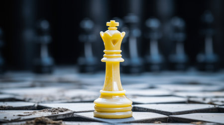 chess king positioned in the center of the board surrounded by numerous black pieces. the photo showcases a striking contrast between the light yellow and dark indigo colors, accentuated by strong lines. with a focus on feminine empowerment, this captivating image by ronald balfour captures the essence of strategic gameplay. featured in national geographic, the polished concrete background adds a modern touch to the composition.の素材
