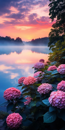 a serene lake with vibrant hydrangea leaves reflecting off the still waters. warm colors, dynamic lighting, and a sense of peaceful solitude create a hyper-realistic scene. perfect for a phone wallpaper, this vertical composition captures the beauty of nature in high-resolution 16k detail. ai generatedの素材