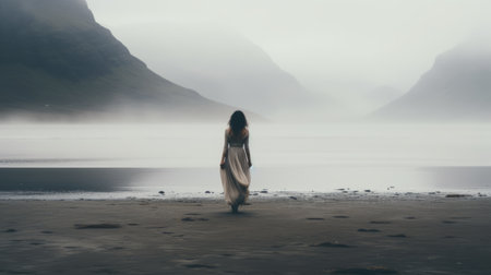 a pensive bender walks on the beach, mountains and mist in the background. the image, inspired by laura makabresku's style, features fluffy and foreboding colors, soft focus, and ethereal light. with a dreamy and emotional pose, the image captures a soft and contemplative atmosphere. the realist portraiture style adds a touch of dreaminess, enhanced by light-filled vignettes reminiscent of movie stills. ai generatedの素材