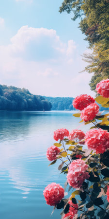 a serene lake with vibrant hydrangea leaves reflecting off the still waters. warm colors, dynamic lighting, and a sense of peaceful solitude create a hyper-realistic scene. perfect for a phone wallpaper, this vertical composition captures the beauty of nature in high-resolution 16k detail. ai generatedの素材