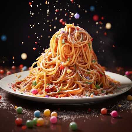 a photo showcasing a vibrant and whimsical plate of spaghetti, adorned with a cheese sauce that elegantly swirls around the noodles. this colorful fantasy-inspired image is a photorealistic rendering, capturing the essence of sparklecore. the composition is multi-layered, creating a visually captivating matte photo. shot with a tokina at-x 11-16mm f/2.8 pro dx ii lens, this picture exudes a unique xmaspunk aesthetic. ai generatedの素材