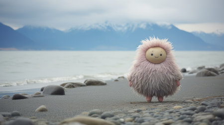 a pensive robotnik walks on the beach, mountains looming in the background, enveloped by mist. the image, inspired by laura makabresku's style, features fluffy and foreboding colors, soft focus, and ethereal light. with a dreamy and emotional pose, the image captures a sense of complexity. realist portraiture, dreamy vignettes, and light-filled qualities add a cinematic touch to this captivating scene. ai generatedの素材