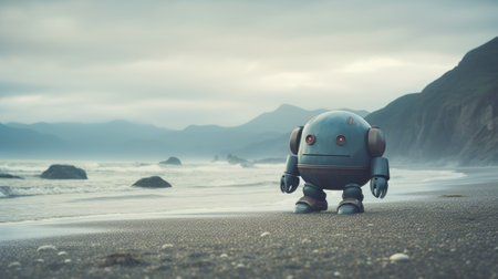 a robotnik walks on the beach, mountains in the background, enveloped in mist. the image, inspired by laura makabresku, features foreboding colors, soft focus, and ethereal light. the pensive pose evokes emotional complexity, while the dreamy ambiance adds a soft and whimsical touch. with a realist portraiture style, the image captures a cinematic quality, reminiscent of a light-filled movie still. ai generatedの素材