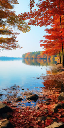 a serene lake with vibrant red, orange, and yellow cedar leaves reflecting on its still waters. the hyper-realistic style captures warm colors, dynamic lighting, and a sense of peaceful solitude. perfect for a phone wallpaper, this vertical composition showcases highly detailed and high-resolution 16k imagery. ai generatedの素材