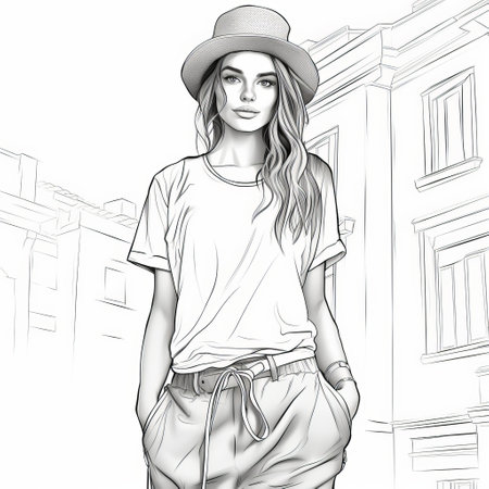 coloring book design for design outfit: trendy and casual ensemble influenced by urban style and personal smoky of everyday people. features model, illustration, and coloring page on a white background in a line drawing style. ai generatedの素材