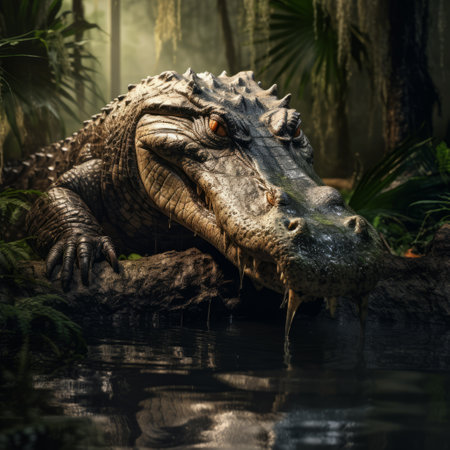 a crocodile perched atop a waterfall, captured in a photorealistic portrait style. this stunning artwork showcases intense and dramatic lighting, complemented by atmospheric woodland imagery. created using zbrush and rendered in maya, the crocodile's strong facial expression is brought to life through meticulous photo-realistic techniques. ai generatedの素材