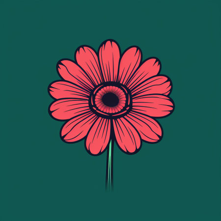 a pink flower with daisy flowers is depicted in this pop art style graphic. set against a vibrant green background, the image showcases minimalist sketches in dark red and dark green. the woodcut-inspired graphics feature minimal retouching, with a color palette of dark gray and red, complemented by hints of dark orange and light cyan. ai generatedの素材
