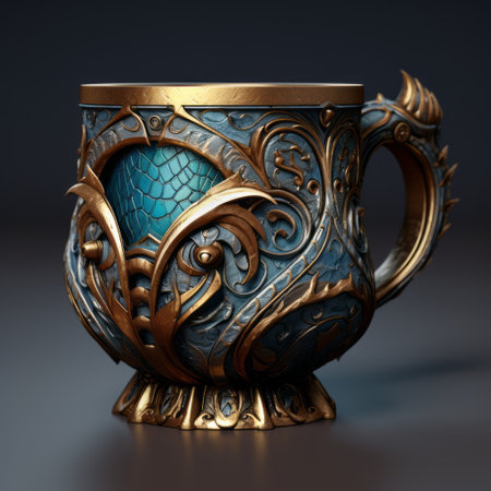 a blue mug with a gold motif and intricate ornaments, showcasing the stunning details of hard surface modeling and detailed engraving. rendered in unreal engine 5, this colorful fantasy realism piece captivates with its eye-catching detail and varied brushwork techniques. ai generatedの素材
