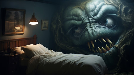 a dark room showcases a large-scale muralist's creation of an evil monster hanging above a bed. this realistic anamorphic art piece, in light green and dark blue hues, captivates with its 8k resolution. the dinocore-inspired monster adds a touch of intrigue to this depiction of everyday life, created by the talented artist tooth wu. ai generatedの素材