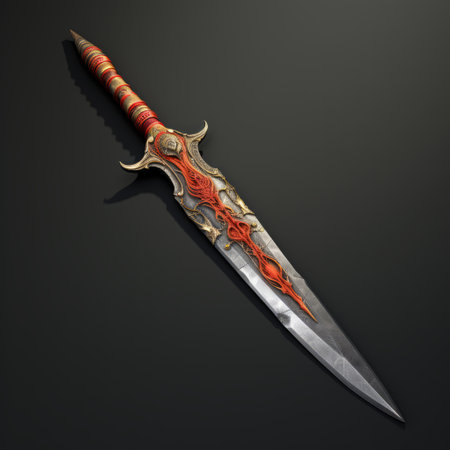a medieval sword with ornate handle details, featuring photorealistic renderings in a light red and dark emerald color scheme. this sword draws inspiration from the shang dynasty and incorporates jagged edges reminiscent of thai art. with its dynamic action, this sword showcases the utilization of traditional craftsmanship and artistic techniques. ai generatedの素材