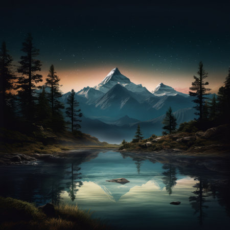a digital illustration of slovenian paintings showcasing a breathtaking landscape of mountains, snow, and water. the realistic chiaroscuro style creates a mesmerizing play of dark turquoise and light bronze tones. the artwork captures the reflections and mirroring effect, enhancing the lush scenery. this masterpiece pays homage to the beauty of nature, captured through the lens of an olympus om-1 camera. ai generatedの素材