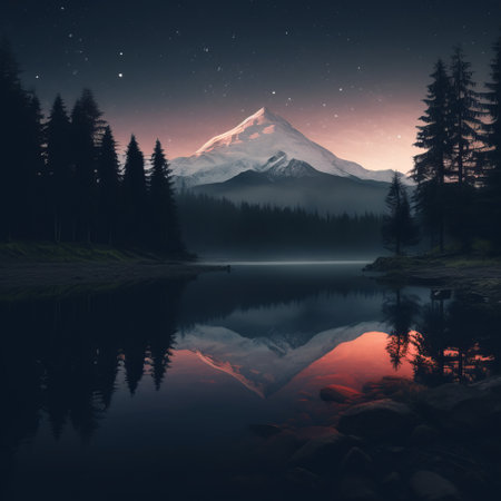 a mountain reflected in a lake with trees, showcasing a darkly romantic illustration style. this 8k resolution photograph captures the essence of the stars art group xing xing and american tonalist. featured in national geographic, the image portrays a traditional landscape with a color palette of dark gray and light crimson, creating a captivating visual experience. ai generatedの素材