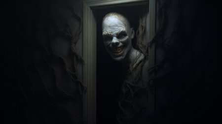 a haunting image of a skeletal clown made of vines, peering out from the side of a door. this photorealistic rendering in dark white and light white tones creates an eerie atmosphere. the intricate details, achieved through the use of zbrush, make this 32k uhd image truly captivating. ai generatedの素材
