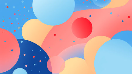 abstract background featuring small white and red bubbles, designed in a minimalist illustrator style. the composition showcases a vibrant combination of light orange and dark azure, creating a colorful moebius effect. the abstract landscape is characterized by simplified forms and shapes, with a palette dominated by dark sky-blue and light pink hues, as well as primary colors. ai generatedの素材