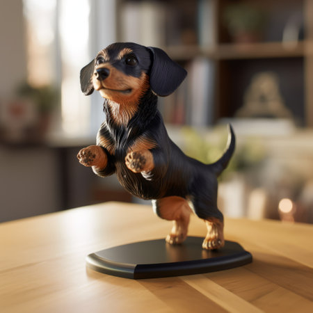 a lifelike 3d image of a happy dachshund playing with its owners on a sandy beach at sunset. the small, energetic dog, resembling a jack russell terrier, leaps in mid-air, tongue out and tail wagging. the owners, smiling and laughing, throw a frisbee for the dog to catch. the scene is rendered with meticulous detail, showcasing the fluffy fur and capturing the joy and loveの素材