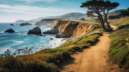 a breathtaking beach hiking trail captured in an award-winning photograph. the vibrant colors of yellow, blue, pink, and black create a stunning contrast against the strong shadows and golden light. this high-quality, high-detail image resembles a pastel illustration, reminiscent of the poetic poetcore style. shot with a zoom lens and inspired by the works of ansel adams and andrew tischler, it showcases the beauty ofの素材
