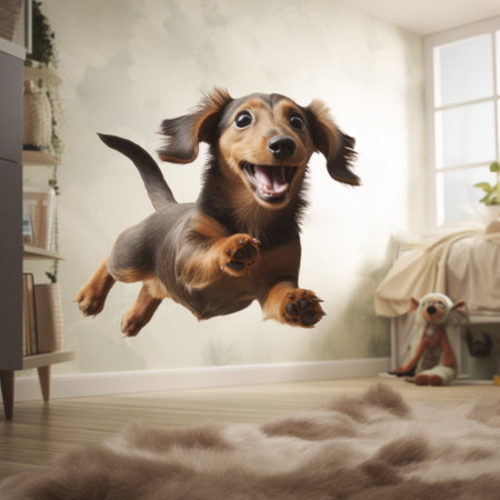 a lifelike 3d image of a happy dachshund, a small and energetic breed, leaping in mid-air with its tongue out and tail wagging. the dog's soft and fluffy fur is rendered in meticulous detail. the owners, kneeling on a sandy beach, throw a frisbee for the dog to catch. the moment captured shows the dog effortlessly catching the frisbee with a playful expression, while theの素材