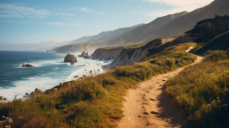 a path winds through a picturesque landscape, leading to a majestic mountain and a serene bay in rildn del sur, catalinas del mar. this photo captures the essence of light-filled seascapes and lively coastal landscapes, with nature-inspired imagery and hazy landscapes. the naturalistic ocean waves add a touch of historical imagery, while the light amber and sky-blue colors create a soothing atmosphere. ai generatedの素材