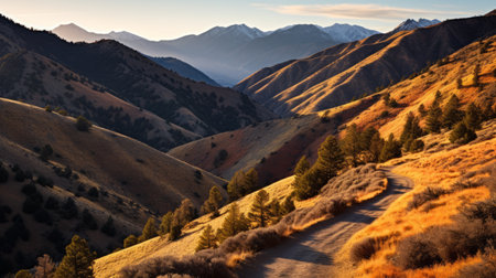 valley hiking trail: a mesmerizing landscape captured in an award-winning photograph. the vibrant colors of yellow, blue, pink, and black create a stunning visual contrast. strong shadows and golden light add depth and dimension to the scene. this high-quality, high-detail image resembles a pastel illustration, reminiscent of the poetic poetcore style. shot with a zoom lens and inspired by the works of ansel adams andの素材