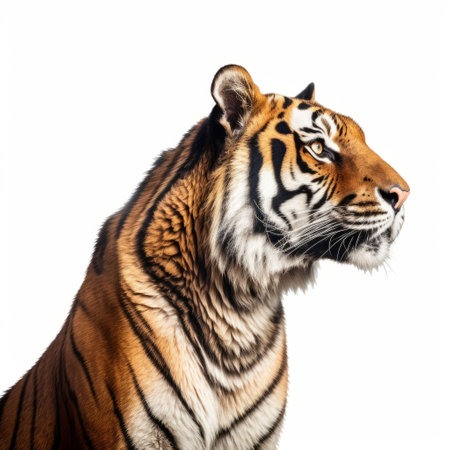 male tiger walking on the ground, isolated on a white background. this stock photo showcases a minimal retouching style, with hyperrealistic animal portraits. the image has the aesthetic of instant film, featuring bold and colorful portraits. the pensive portraiture captures the tiger's essence in detailed perfection, making it ideal for high-resolution displays in 4k. ai generatedの素材