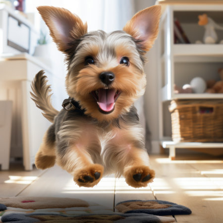 a lifelike 3d image of a happy yorkshire terrier playing with its owners on a sandy beach at sunset. the small, energetic dog leaps in mid-air, tongue out and tail wagging, catching a frisbee thrown by its smiling owners. the soft and fluffy texture of the dog's fur is meticulously rendered, while the warm, golden hues of the sunset create a picturesque backdrop. ai generatedの素材