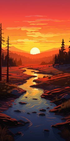 a scenic photograph capturing a stream flowing through a picturesque landscape. the image showcases rolling hills, lush trees, and a warm color palette reminiscent of dan mumford's style. the isolated norwegian nature setting adds to the beauty, with red and amber hues enhancing the naturalistic landscape background. the perspective rendering creates a captivating visual experience. ai generatedの素材