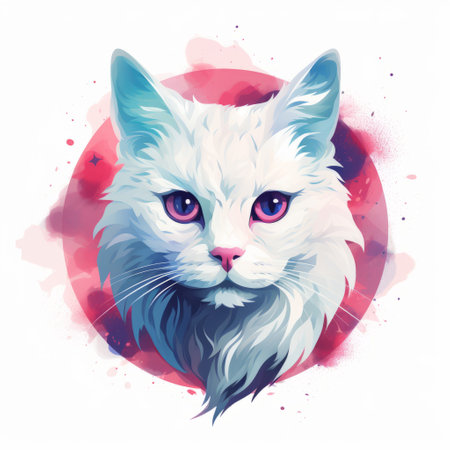 feline art print featuring a realistic portrait of a cat against a white splatter background. the illustration is done in a style reminiscent of light magenta and light azure colors, with elements of synthwave. the cat's portrait is beautifully rendered with soft-focused realism, showcasing a blend of violet and red hues. this fantasy illustration is presented in a tondo format. ai generatedの素材