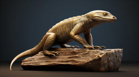 a 3d printed lizard sits on a table, showcasing a unique blend of light gold and dark bronze colors. the intricate layers and textures add depth to the rough-edged 2d animation style. this piece is a fascinating exploration of textures, reminiscent of historical illustrations, recontextualized with a desertwave twist. ai generatedの素材