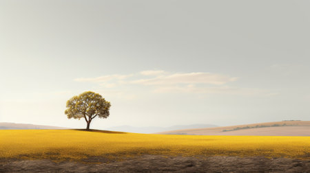 a minimalist landscape featuring a solitary tree at the center, representing the pursuit of academic success. the tree stands tall, symbolizing achievement, while at its base lies a pile of gold, symbolizing scholarly accomplishments. despite its success, the tree stands alone in an empty landscape, highlighting the potential loneliness that may come with wealth. ai generatedの素材