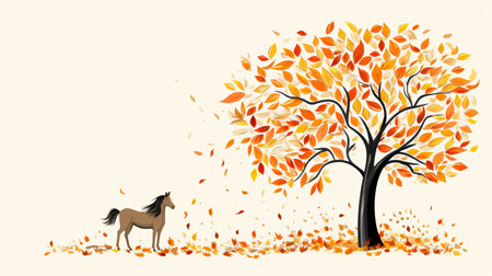 a doodle-style illustration of a cartoon horse sitting under a tree with autumn leaves. the horse has a playful expression and the tree's leaves are in shades of oranges and yellows. the scene is set against a light cream background with white space. ai generatedの素材