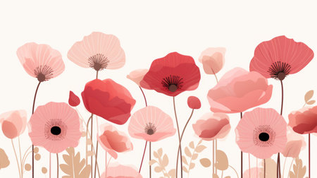 red poppies in a floral pattern illustration on a white background. the illustration, created by wlad safronow, features a calming combination of light pink and light amber. the soft focal points draw attention to the elaborate borders, adding an intricate touch to the nature-inspired installations. ai generatedの素材