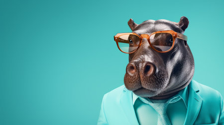 a hipppopotamus, styled as a pop art influencer, is captured in a suit with minimal retouching. the image features a striking combination of dark turquoise and light amber, presented in ultra hd. the innovative page design showcases the strong facial expression of the hippopotamus. shot with an iso of 200. ai generatedの素材